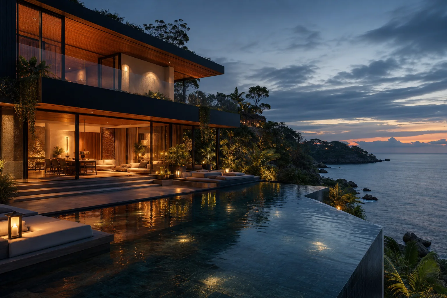 Villa Ceningan coastal villa and pool atmosphere at dusk